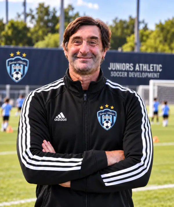 Julián Marino in a Juniors Athletic training jacket, arms crossed, on the training field